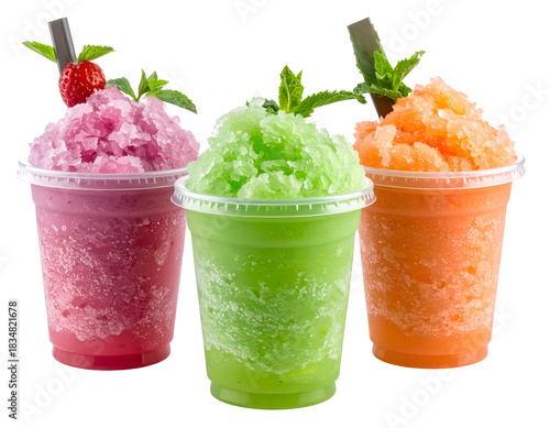 Three colorful frozen fruit slushies in clear cups with fresh fruit garnishes and mint leaves on top