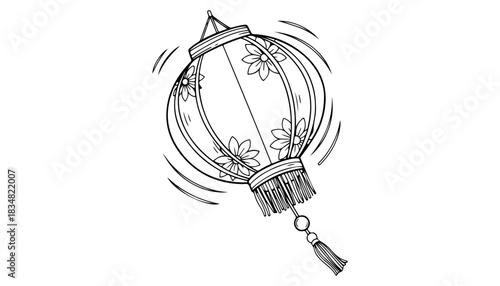Detailed line art illustration of a hanging, ornate Chinese lantern, with floral decorations and a tassel.