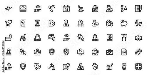 Insurance icon set. Vector illustration. Includes sybols for health, life, hom, car, travel, accident, mdical, family, money, paymnt and more. Editable stroe.