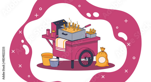 A vibrant illustration of a street food vendor's cart, showcasing freshly fried french fries, ready for hungry customers on the go.