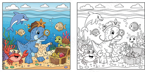 Cute cartoon sea lion and colorful fish playing on the beach during summer, happy animal friendship illustration against blue ocean and sky background