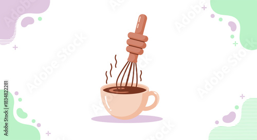 A whimsical illustration shows a steaming cup of coffee being whisked with a wooden utensil, evoking warmth and the joy of a perfect morning.