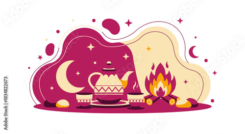 An inviting illustration showcases a cozy nighttime scene with a teapot, cups, a bonfire, and celestial elements, creating a warm atmosphere.