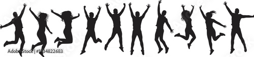 Jumping silhouettes, celebration poses, joyful movement icons, cad drawing flat vector illustration, black human shapes, freedom and unity graphics