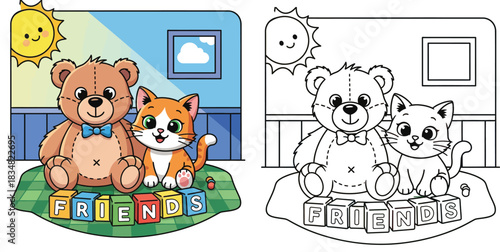 Cute cartoon kitten and teddy bear toy sitting together with alphabet blocks spelling friends, happy animal friendship illustration in a room with a sunny window