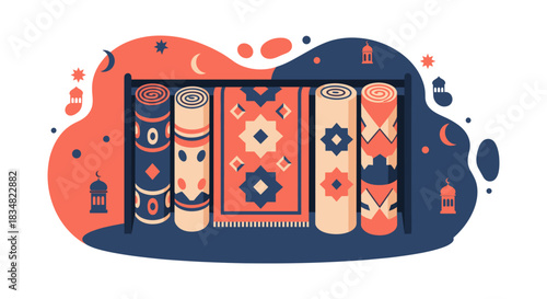 An artistic illustration showcases a collection of colorful rolled rugs and a patterned carpet, evoking a sense of cultural heritage and design.