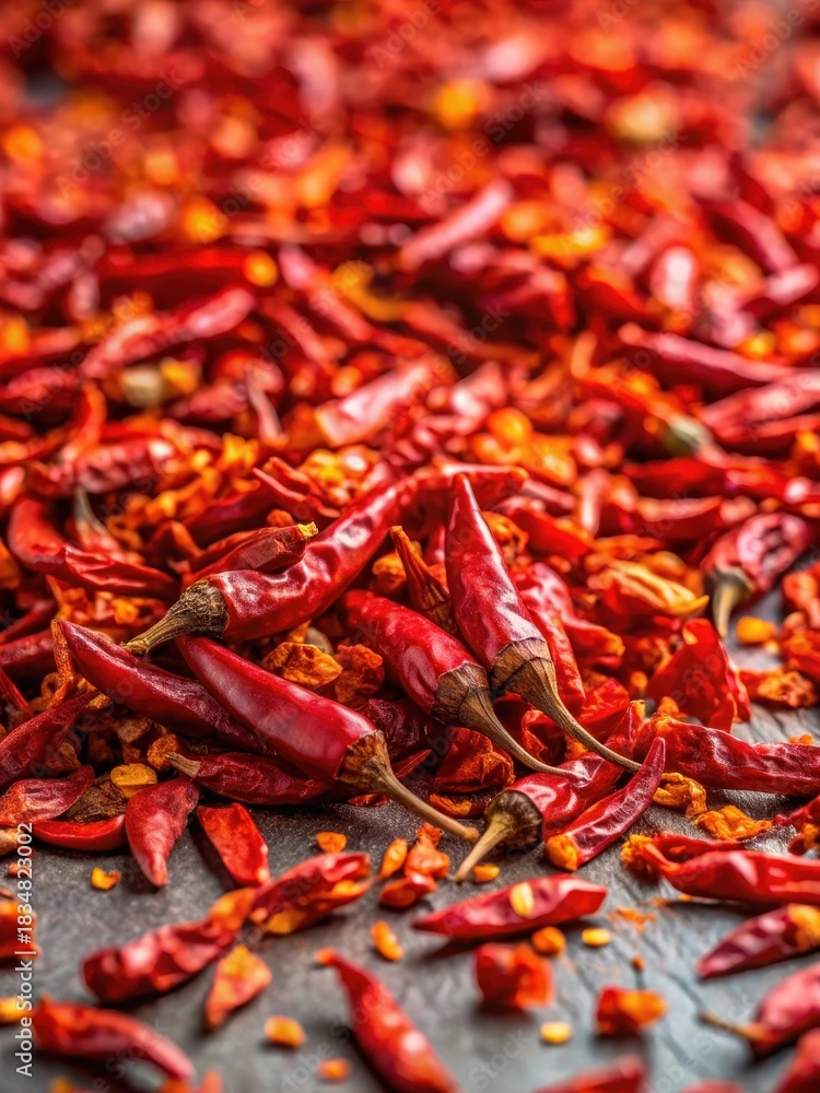 Fototapeta premium Spicy Red Chili Flakes scattered on a plain surface await use as a flavor enhancer in various dishes