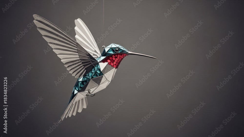 Naklejka premium A geometric hummingbird sculpture hangs in mid-air against a plain grey background