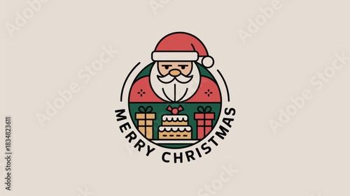 Santa claus with merry christmas text and gifts round logo vector illustration