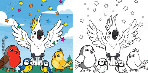 Happy cartoon cockatoo spreading wings with colorful stars and friends, cute robin and blue tit bird group illustration under blue sky