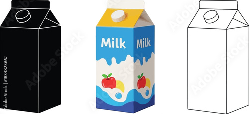 Milk carton packaging illustration in black colorful and white trio format