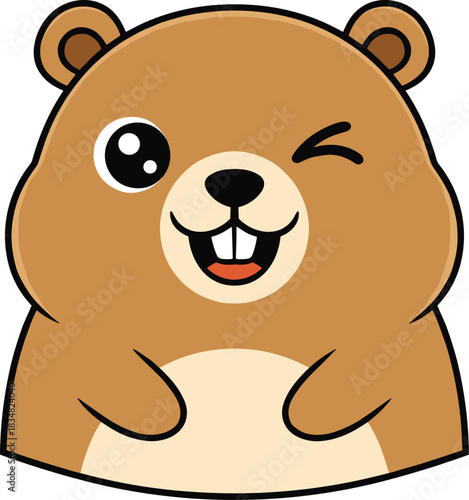 Groundhog cartoon, smiling animal, cute character, winking face, cheerful expression, woodland creature, seasonal theme, kids art, playful design, flat vector illustration