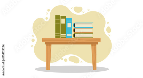 A charming illustration depicts a wooden table adorned with a collection of colorful books, perfect for educational or reading concepts.