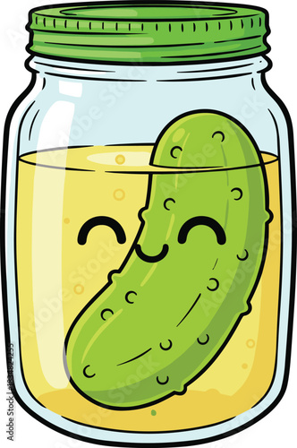 Pickle jar, cartoon food, smiling pickle, anthropomorphic vegetable, green lid, brine liquid, cheerful character, kids art, playful design, flat vector illustration