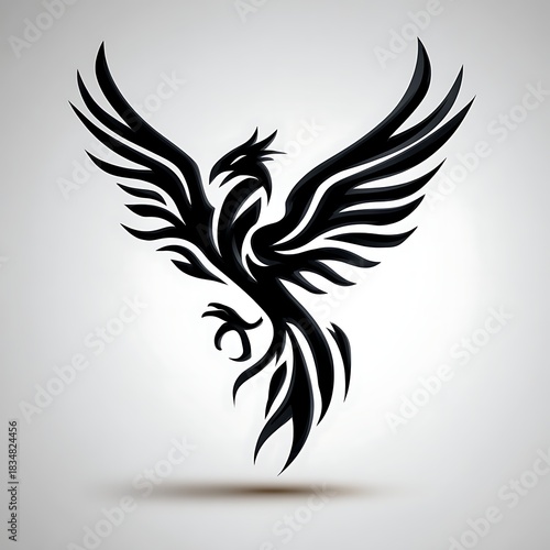 Elegant Black Phoenix Artwork with Flowing Feathers and Strong Wings Design