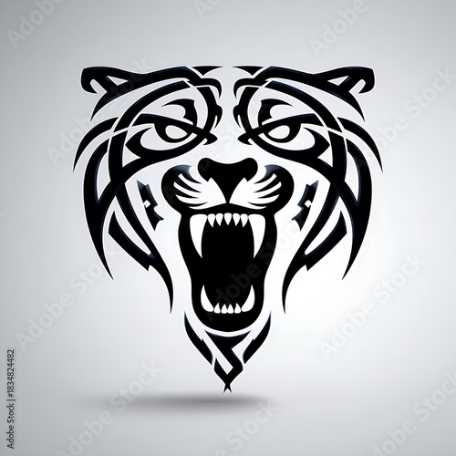 Fierce Black and White Tiger Head Logo with Tribal Design Elements