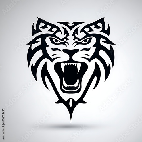 Fierce Abstract Lion Head Logo in Black and White with Tribal Elements and Rage