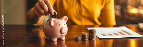 Person placing coin into piggy bank for saving and financial planning
