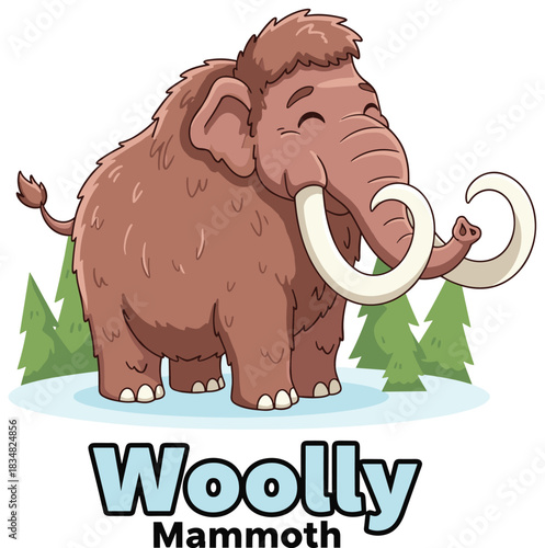 Woolly mammoth, ice age animal, prehistoric creature, cartoon style, snowy background, friendly expression, tusks, extinct species, educational art, flat vector illustration