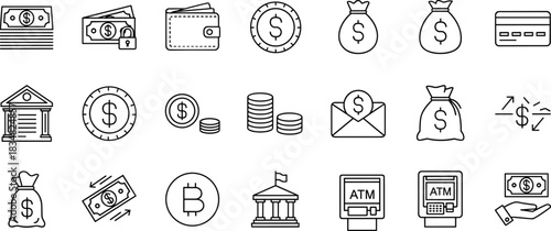 Finance, Banking, and Cryptocurrency Icon Set: Money Bag, Wallet, Credit Card, ATM, Bitcoin, and Financial Transaction Line Art Vector