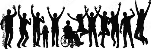 Black silhouette vector set of diverse happy people celebrating success, jumping figures with hands up, disability inclusion, group of men, women, and child, isolated white background