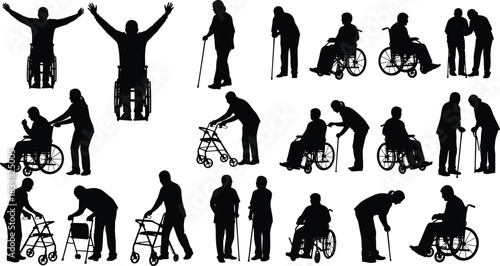 Black silhouette vector set of elderly people and caregivers using wheelchairs, walkers, and canes, seniors with mobility challenges, disability and assistance concepts, isolated white background