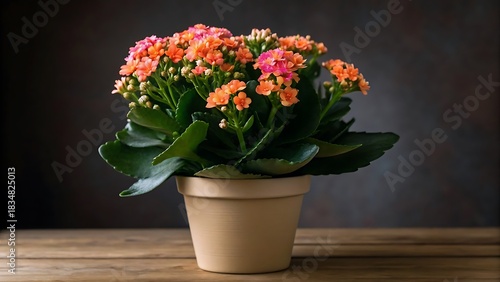 Wallpaper Mural Vibrant orange and pink kalanchoe blossoms in a terracotta pot on a wooden surface Torontodigital.ca