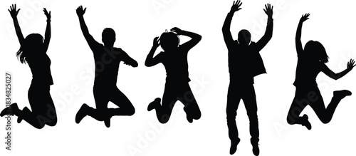 Black silhouette vector set of five happy young people jumping high with hands up, teenagers celebrating success, freedom, and joy, isolated figures on white background
