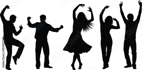 Black silhouette vector set of five happy people dancing and celebrating at a party, dynamic men and women figures having fun, expressive movement, isolated white background
