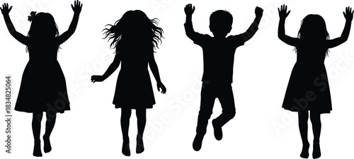 Black silhouette vector set of four happy children jumping with hands up, celebrating, playing, active kids having fun, isolated figures on white background
