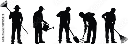 Black silhouette vector set of five men working in the garden, using rake, watering can, shovel, and pitchfork, isolated figures for gardening and farming concepts