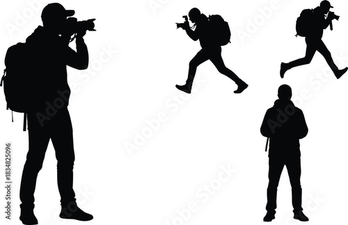 Black silhouette vector set of four men photographers carrying backpacks, taking photos with digital SLR cameras, capturing moments, action and standing poses, isolated white background