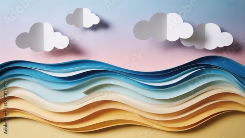 Fototapeta Naklejka Na Ścianę i Meble -  Layered paper art ocean waves and fluffy clouds, serene landscape.