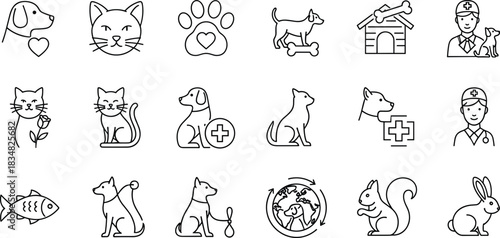 Pet Care, Veterinary, and Animal Icons Collection: Dog, Cat, Fish, Paw Print, Squirrel, and Rabbit Line Art Vector Set