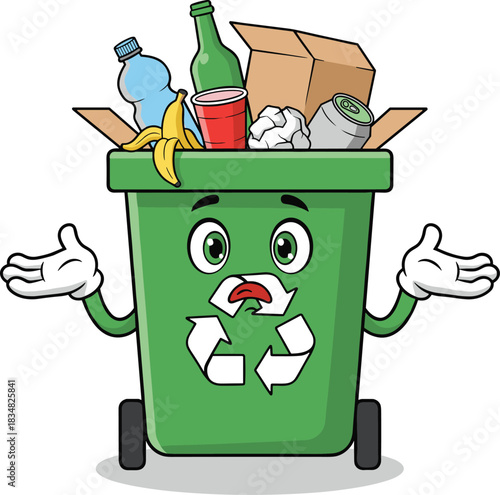 Confused recycling bin, cartoon character, mixed waste, environmental message, banana peel, plastic bottle, glass bottle, trash awareness, flat vector illustration