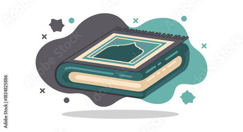 An illustrated prayer rug with a geometric design, representing Islamic culture and religious practices in a modern, minimalist style.