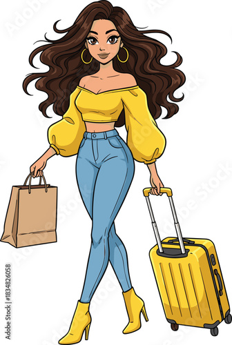Fashionable woman cartoon, stylish traveler character, shopping and travel theme, confident pose, trendy outfit, flat vector illustration