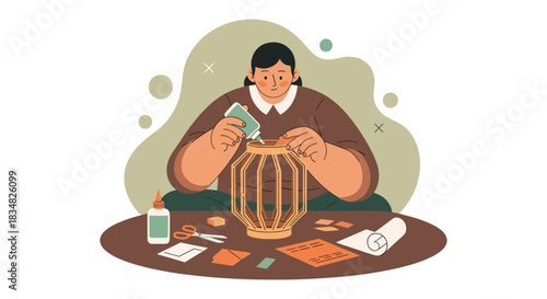 A woman meticulously crafts a paper lantern, applying glue with care, surrounded by crafting tools, showcasing creative hobbies and artistic expression.