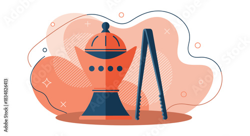 An artistic illustration features an incense burner and tongs, presented with abstract shapes and a modern, minimalist aesthetic on white.