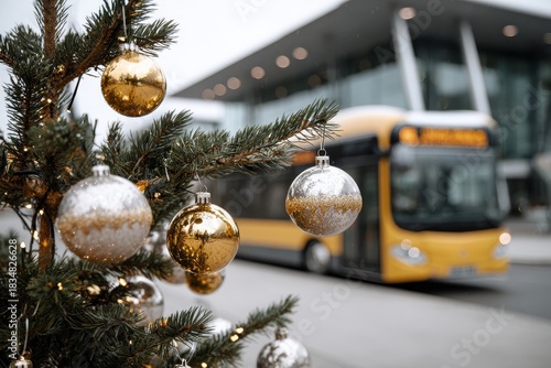 Festive transport christmas tree with ornaments in front of a bus