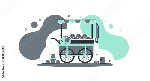 An illustration of a charming street food cart, offering delicious treats, set against a modern, abstract background with playful shapes.