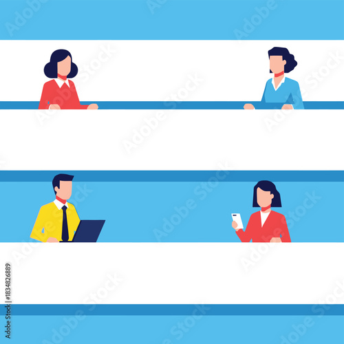 Modern Flat Vector Illustration of Diverse Business People in Blue and White Corporate Background