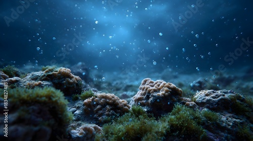 Fototapeta Naklejka Na Ścianę i Meble -  Underwater coral reef ecosystem with numerous bubbles rising in deep blue twilight waters