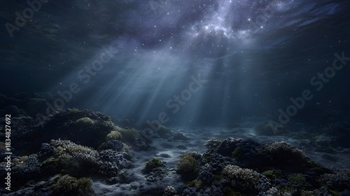 Fototapeta Naklejka Na Ścianę i Meble -  Deep underwater coral reef illuminated by ethereal shafts of light from a starlit or stormy night sky above