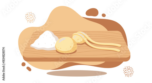 A charming illustration of pasta-making, featuring flour, dough, and fresh noodles on a wooden cutting board, perfect for culinary projects.