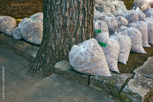 A large number of trash bags after raking up fallen leaves. Taking out the trash.