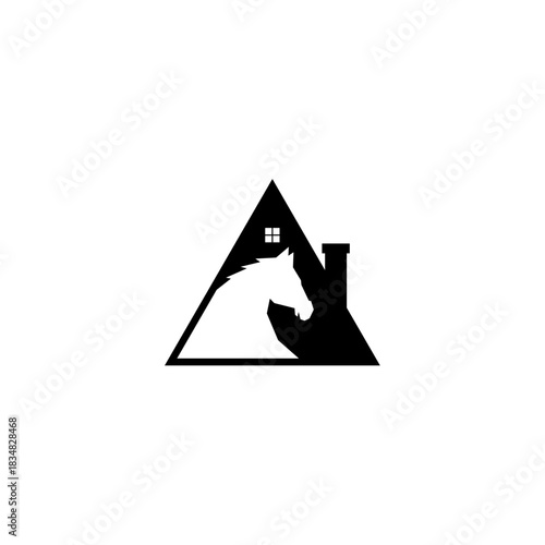 Horse Silhouette Inside Triangle House Structure Logo Design.