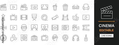 Cinema editable line icons pack. Movie, film, theater, ticket, clapperboard, projector, camera, reel, director, actor, media, entertainment, premiere and more icons.