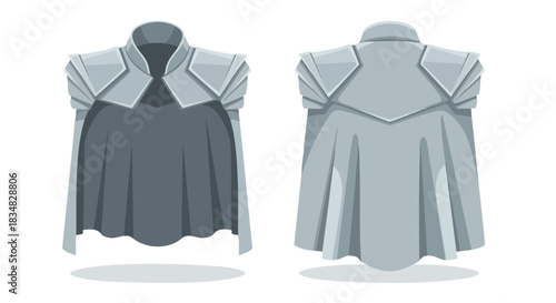 Robust gray fantasy cape, front and back, with formidable layered shoulder plating and an elevated collar. Essential for powerful character attire,