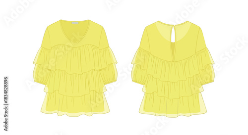 Vibrant yellow tiered tunic top garment illustration featuring a flowing ruffled design for summer fashion. Front and back views presented clearly